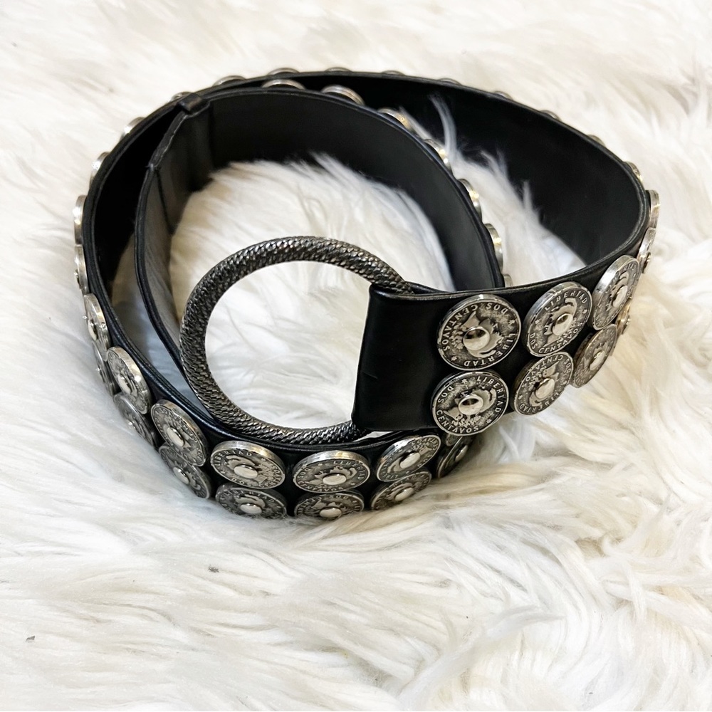 Suzi Roher Canada Black Leather Heavily Studded Coin Embellished Belt Size Large